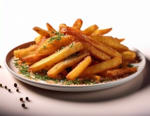 Fotografía de estudio profesional de una elegante plato blanco que contiene patatas fritas crujientes, cuidadosamente sazonadas con deliciosas especias. Las patatas fritas son doradas y crujientes