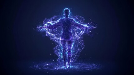 A glowing figure surrounded by swirling energy particles in a dark backdrop.