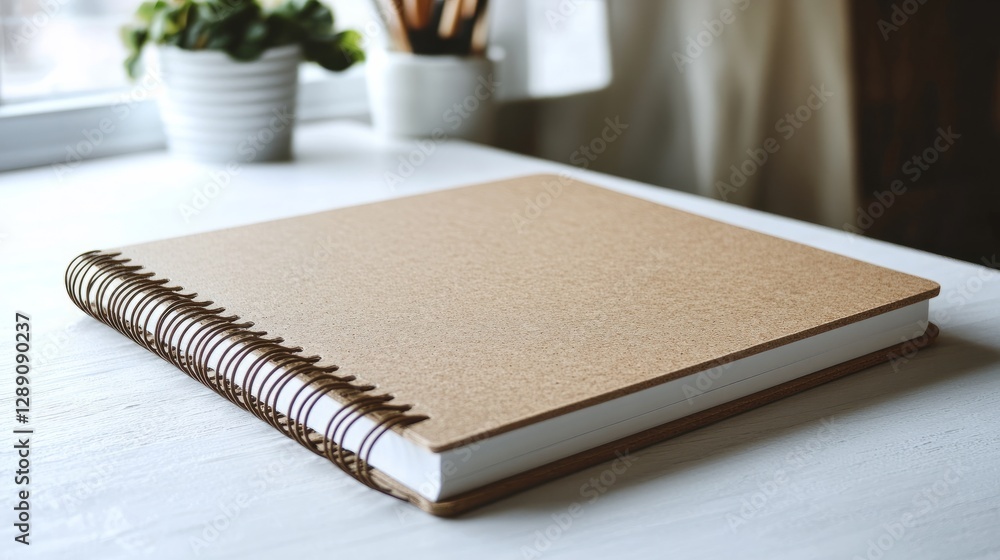 Poster a light brown spiral-bound notebook with sharp corners resting on a white background