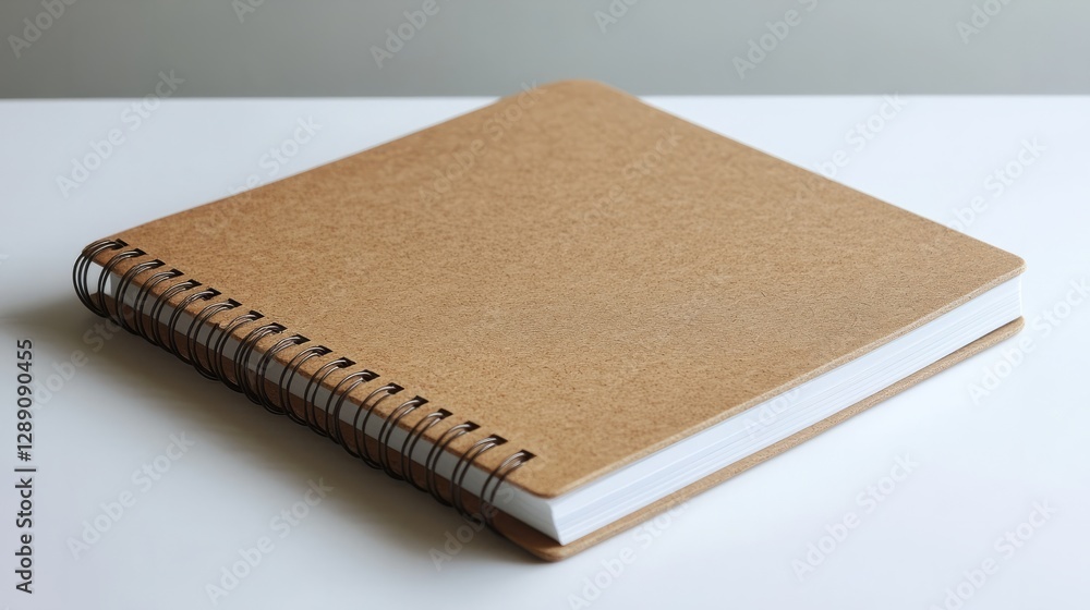Poster a light brown spiral-bound notebook with sharp corners resting on a white background