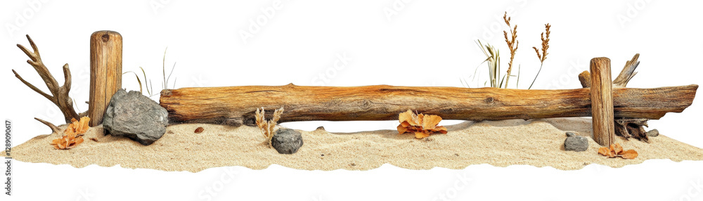 Poster Log resting on rocks surrounded by grass in a natural outdoor setting with a blurred background isolated on transparent background.