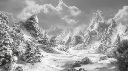 Serene Winter Landscape with Majestic Snow-Covered Mountains and Lush Trees Under Bright Clouds in Monochromatic Shades