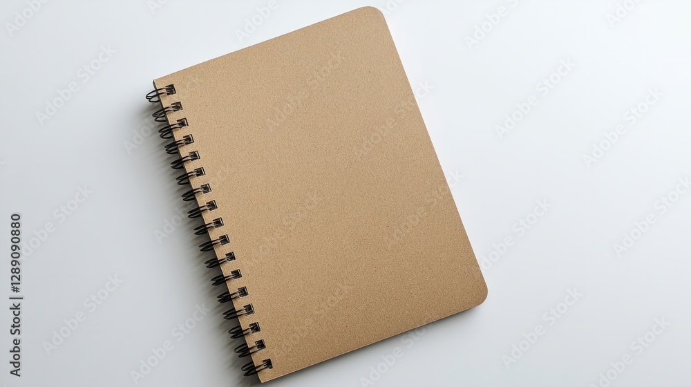 Poster a light brown spiral-bound notebook with sharp corners resting on a white background