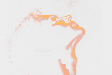 Dramatic close-up portrait of a person's face tilted upward, illuminated by warm orange light against a Transparent background.