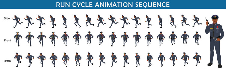 
Police Officer Character Design Model Sheet. Man, Character design. Front, side, back view and explainer animation poses. Character set with lip sync and Walk cycle animation sequences.
