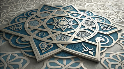 An intricate Arabic ornament with geometric patterns in blue and silver tones, highlighting Islamic art.
