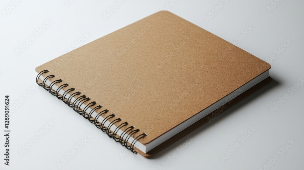 Poster a light brown spiral-bound notebook with sharp corners resting on a white background