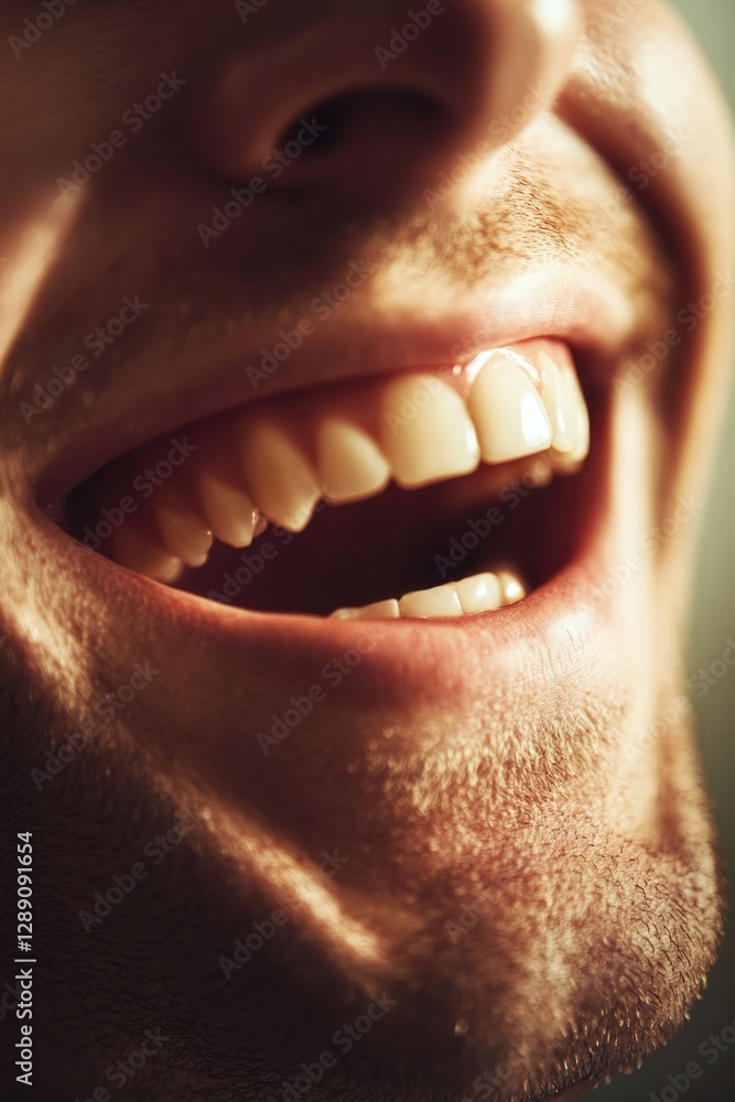 Poster a detailed view of a man's mouth showing a missing tooth, suitable for use in illustrations or graph