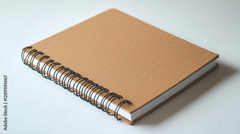 Poster a light brown spiral-bound notebook with sharp corners resting on a white background