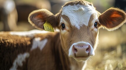 A close-up shot of a brown and white cow wearing an ear tag