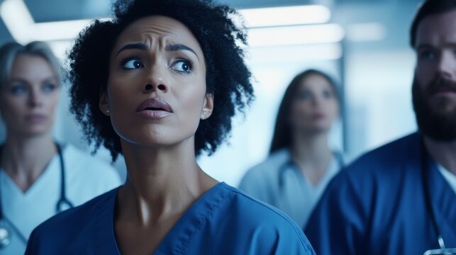 Hospital rush in the ER with medical staff managing multiple trauma patients. Featuring quick assessments and immediate care