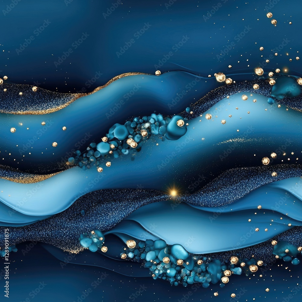Poster swirling patterns of blue and teal liquid with sparkling gold glitter create an elegant marble-like 