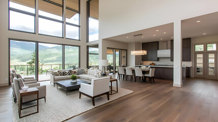 Fototapeta premium Modern Open Plan Home Interior with Mountain View