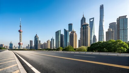 Fototapeta premium A panoramic view of a modern city skyline with a clear blue sky, showcasing skyscrapers and an empty road leading towards the urban landscape. 