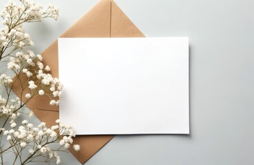 Stylish wedding invitation mockup with envelope, dry gypsophila flowers. Elegant template background for greeting card wishes. Blank empty paper with copy space. Trendy holiday decoration, flower