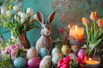 A vibrant Ostara altar adorned with painted easter eggs, rabbit figurines, fresh tulips, and candles in pastel colors, symbolizing the renewal of spring and Easter celebration