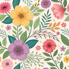 A vibrant floral pattern featuring various colorful flowers and leaves, creating a harmonious and whimsical design.
