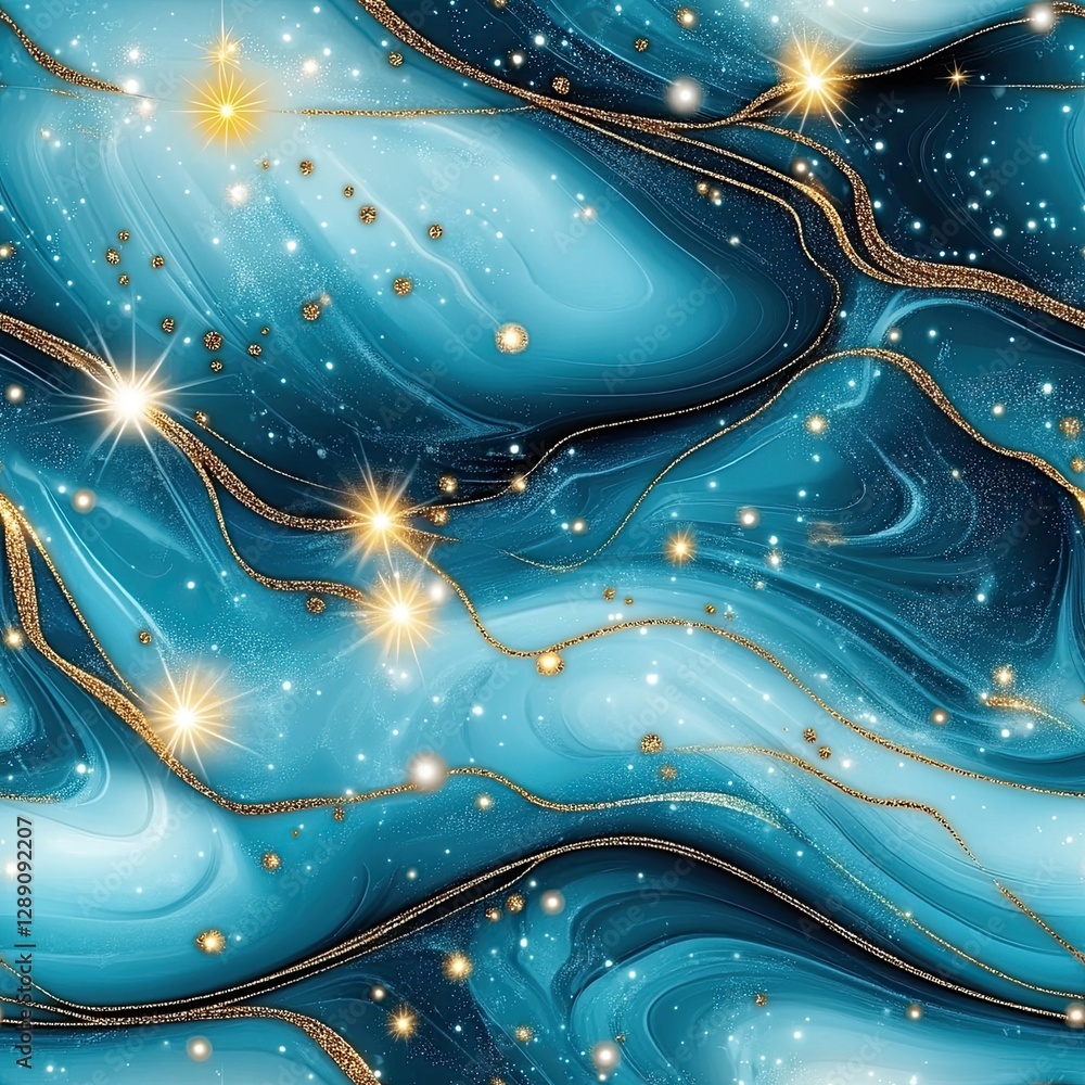 Poster swirling patterns of blue and teal liquid with sparkling gold glitter create an elegant marble-like 