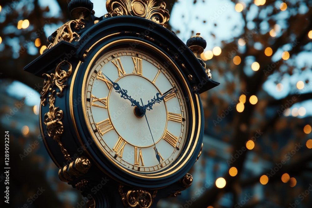 Poster a detailed view of a clock attached to a pole, suitable for use in editorial or commercial contexts
