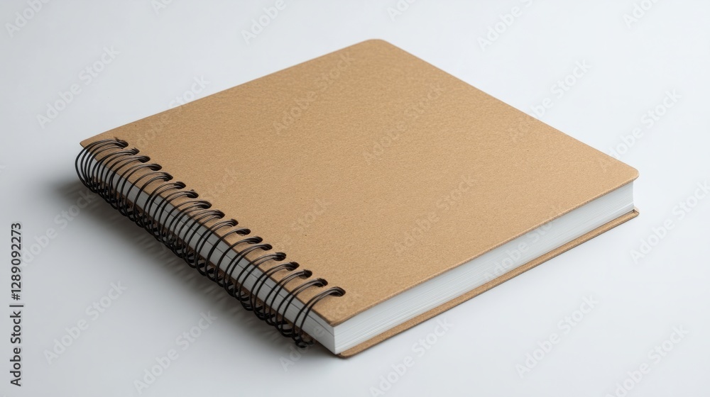 Poster a light brown spiral-bound notebook with sharp corners resting on a white background