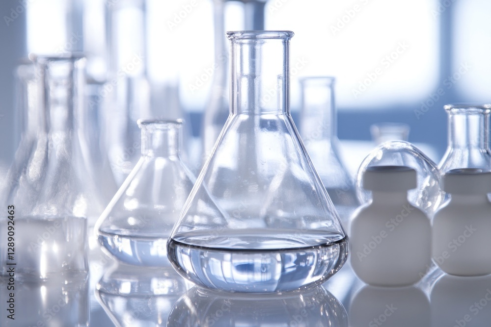 Poster a collection of clear glass flasks arranged on a surface, perfect for various uses from science demo