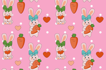 Seamless pattern of rabbits in various poses. Easter. Spring. Vegetables. Carrot . heart. Rodent animal cartoon design. Kawaii. Vector
