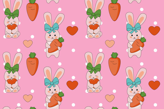 Seamless pattern of rabbits in various poses. Easter. Spring. Vegetables. Carrot . heart. Rodent animal cartoon design. Kawaii. Vector
