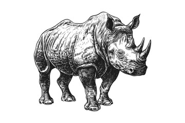Obraz premium Wildlife illustration of a rhinoceros in old engraving style, hand-drawn black sketch effect, antique style print design, large animal, vector, trendy endangered species.
