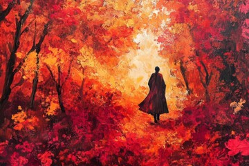 solitary wanderer in a flowing coat strolling through a vivid autumn forest awash in crimson and amber glowing with quiet joy