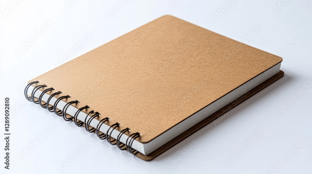 Poster a light brown spiral-bound notebook with sharp corners resting on a white background