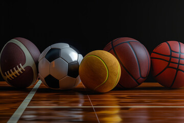 A set of various sport balls placed on a wooden floor, set against a dark black background that highlights their vibrant colors