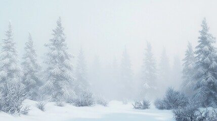 Fototapeta premium Ethereal Winter Landscape with Snow-Covered Trees in a Foggy Environment Capturing the Tranquility of Nature