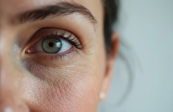 Close-up of woman eye. Skin with wrinkles, eyebags. Concept of eye rejuvenation, ophthalmology, skincare, eye health. Beauty wellness anti-aging treatments. Vision care, eye bags removal.