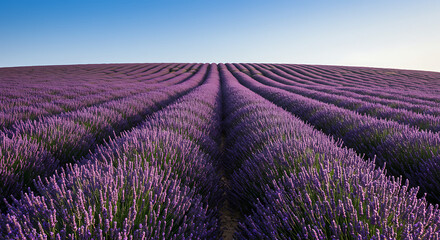 Obraz premium Beautiful field of lavender flowers stretching under a blue sky with copy space