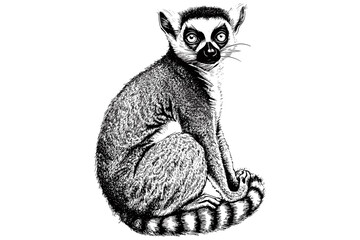 Vintage wildlife illustration, trendy hand-drawn ring-tailed lemur in black sketch, animal art print, lemur sketch, nature wall decor, jungle animal art, wildlife decor. © Vintage Studio