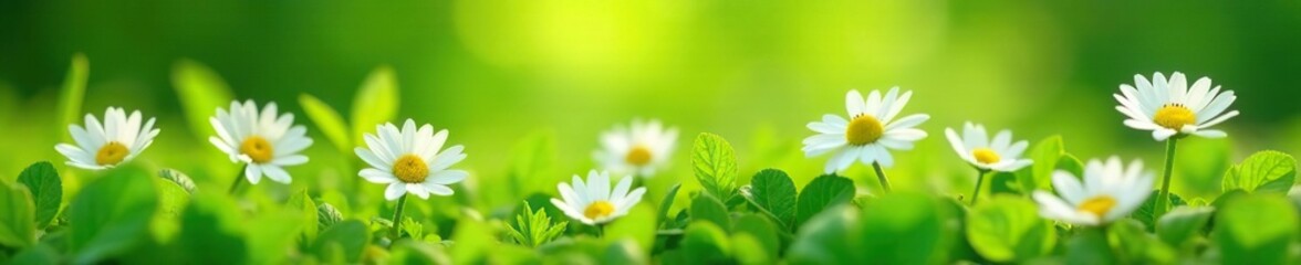 Low growing, white flowers in daisy like arrangement, green grass, wildflower