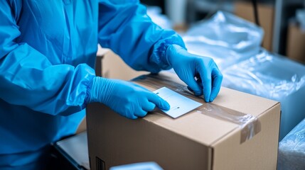 Packaging Process in Warehouse with Blue Protective Glove