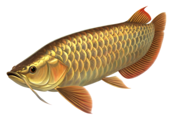 A majestic arowana with shimmering golden scales swimming, isolated on a transparent background