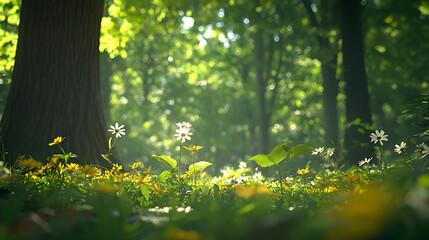 Sunlit Forest Floor with Wildflowers