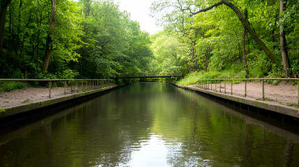 Serene Canal Pathway Through Lush Green Trees