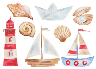 Watercolor illustrations. Sea set. Hand painted sailing vessel, wooden boat, origami paper boat. Sea spiral shells, scallop, oyster with pearl. Light house, beacon. Isolated marine, beach clip art