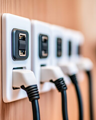 Multiple power outlets with plugged-in cables on a wooden surface.