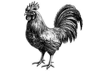 Hand-drawn rooster vintage illustration, black sketch effect, bird art, wildlife print, trendy design, old engraving style, white background, farm animal decor, rustic wall art