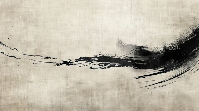 Sumi-e ink painting showcases dynamic strokes across textured canvas bathed in soft light