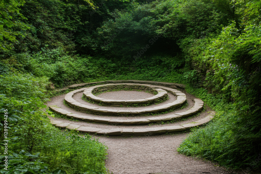 Poster a stone circle in a forest with a path leading to it