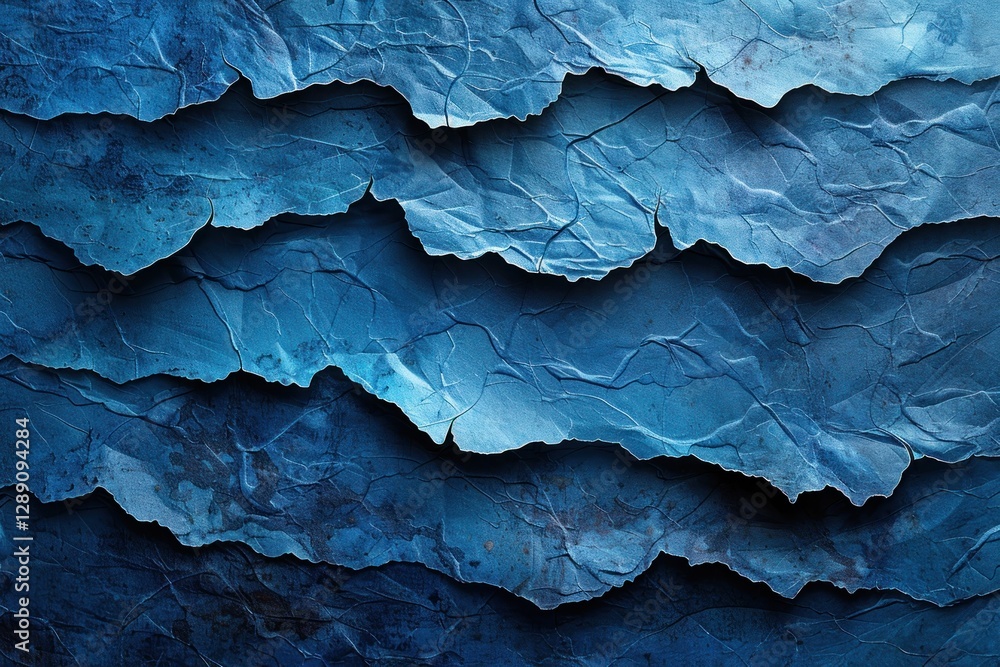 Poster dynamic layers of blue torn paper showcase raw edges and soft lighting, highlighting depth and textu