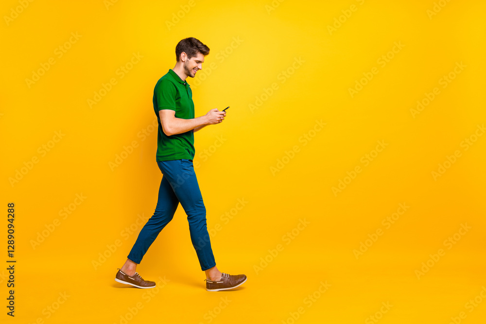 Poster full length body size profile side view of his he nice attractive cheerful cheery glad addicted guy 