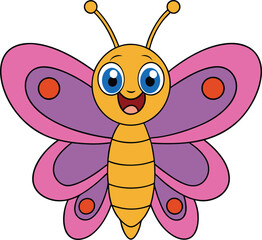 A goofy cartoon butterfly with big, wobbly eyes, a wide toothy grin, and tiny wings that seem too small to fly. It flutters clumsily, leaving a trail of giggles!