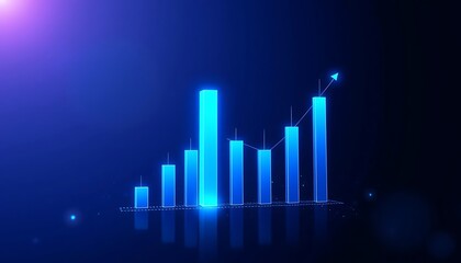 Blue bar graph showing upward trend on a dark background, symbolizing financial growth, investment success, and positive business performance