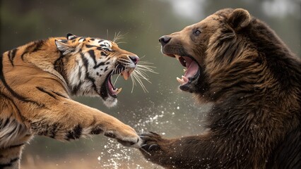 Wild Confrontation: A fierce showdown unfolds as a tiger and a bear lock eyes and clash, their open mouths roaring in a dramatic display of raw power, intensity, and primal instincts